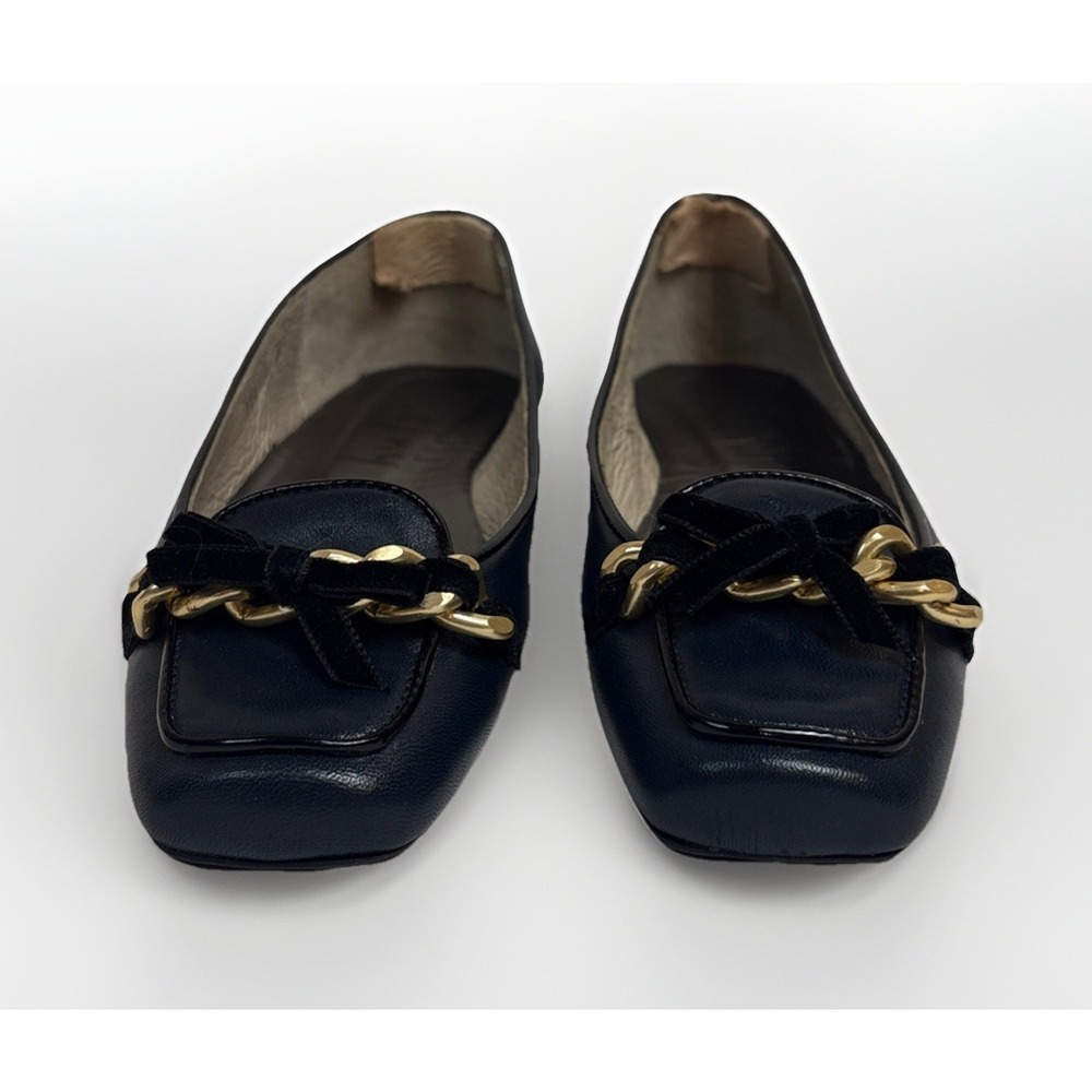 French Sole Gleam Navy Blue Nappa Leather Square Toe Chain Bow Women's Size 5M - Picture 3 of 10